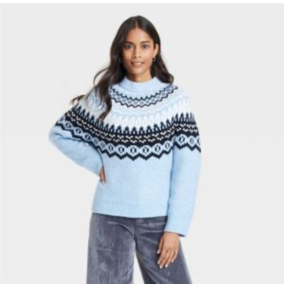 Women's Crewneck Pullover Sweater - Universal Threads Blue Fairisle Medium - Picture 1 of 4